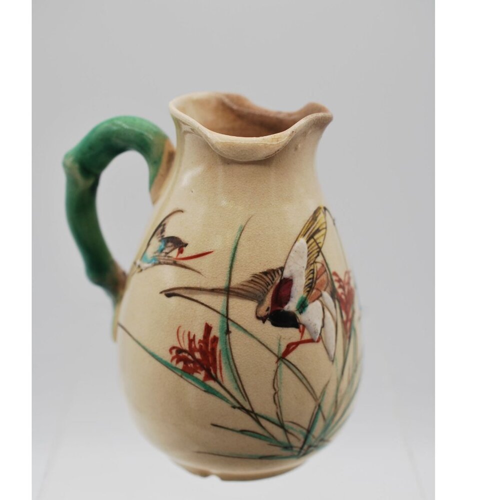 Antique Japanese Kinkozan Satsuma Moriage Creamer Mini Pitcher Birds